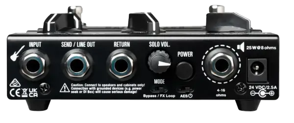 Rückseite eines Hughes & Kettner Stompman mit Anschlüssen für Input, Send/Line Out, Return, Solo Vol., Power und Lautsprecher.