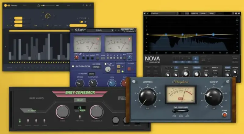 Verschiedene Audio-Plugins, darunter ein EQ, ein Kompressor und ein Delay-Effekt, die als aax plugin für Musikproduktion genutzt werden.
