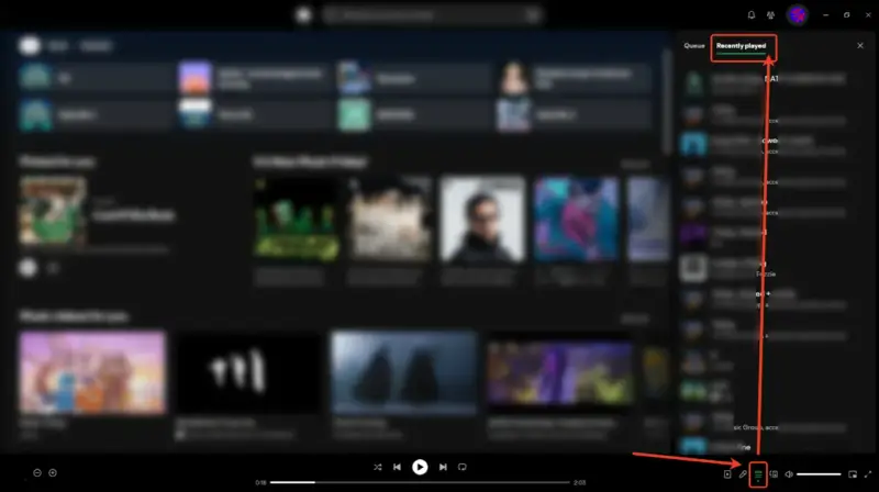 Spotify-Fenster mit hervorgehobener Liste "Recently played" (kürzlich abgespielt).
