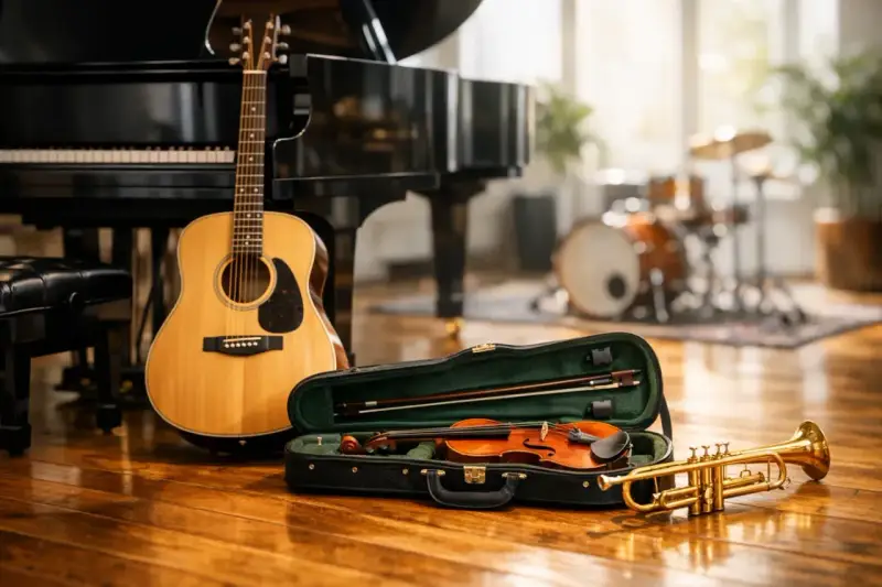 Eine wunderschöne erste Gitarre steht neben einem Flügel. Ein Geigenkasten mit Geige und Bogen sowie eine Trompete liegen auf dem Holzboden.