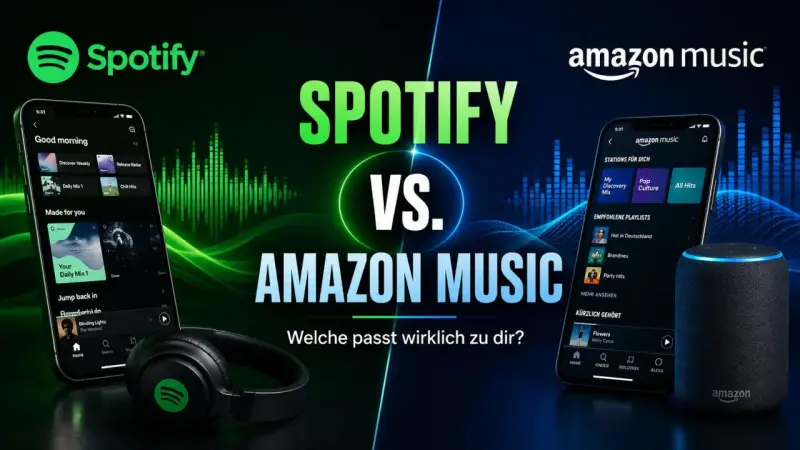 Spotify vs. Amazon Music: Zwei Smartphones zeigen die Benutzeroberflächen der Musikdienste. Kopfhörer und ein Echo-Lautsprecher vervollständigen die Szene.