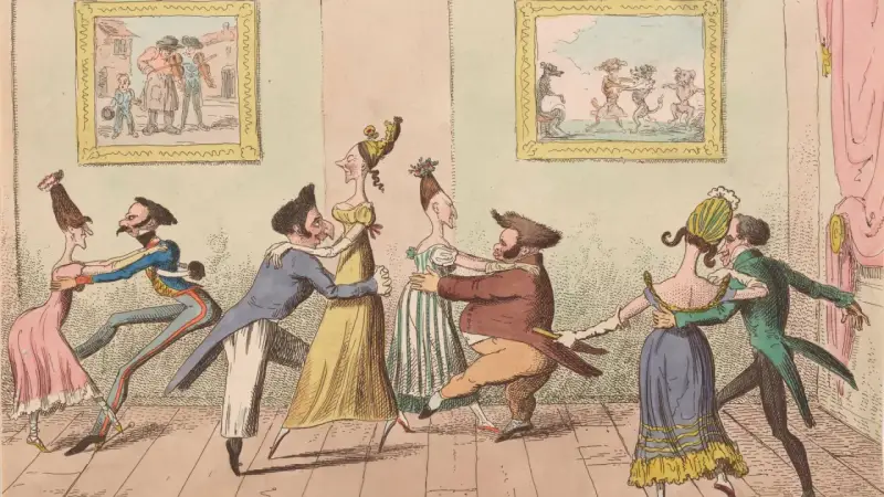 Karikatur von Paaren, die ausgelassen den Walzer tanzen. Ein Musiker spielt Geige, während Hunde im Hintergrund tanzen.